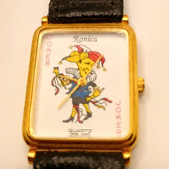 Ronica Gold Toned "Joker" Quartz Wristwatch Black Genuine Leather Band - Picture 1 of 9